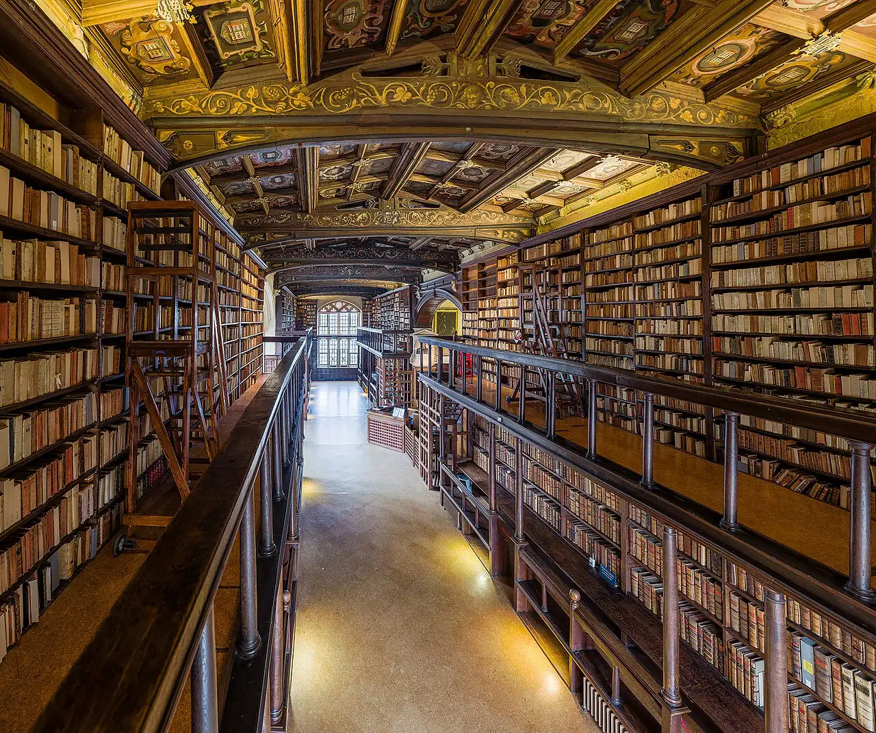 The interior of Duke Humfrey's Library, the oldest reading room of Oxford's Bodleian Library, which Thomas Bodley refitted and formally reopened on November 8, 1602.
