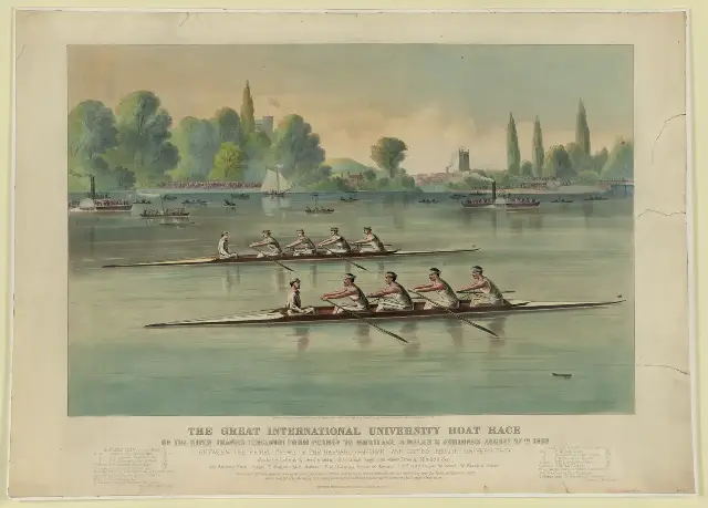 Currier & Ives' hand-colored lithograph of the 1869 Harvard–Oxford international boat race on the Thames — illustrative of the 19th-century collegiate rowing tradition the 1852 Harvard–Yale race began.