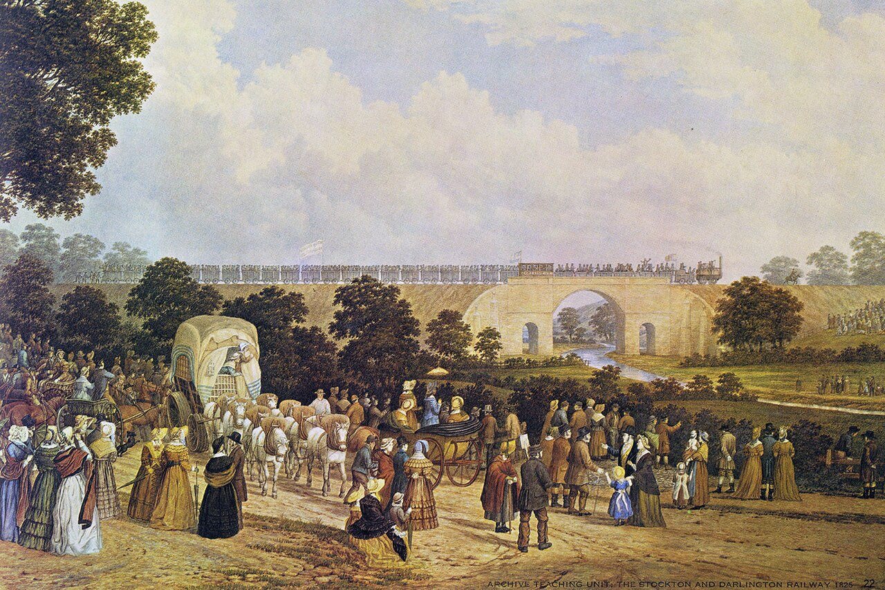 John Dobbin's painting of the opening procession of the Stockton and Darlington Railway crossing the Skerne Bridge in 1825