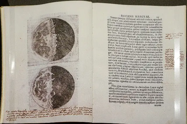 A facsimile of Galileo's Sidereus Nuncius showing his engravings of the Moon.