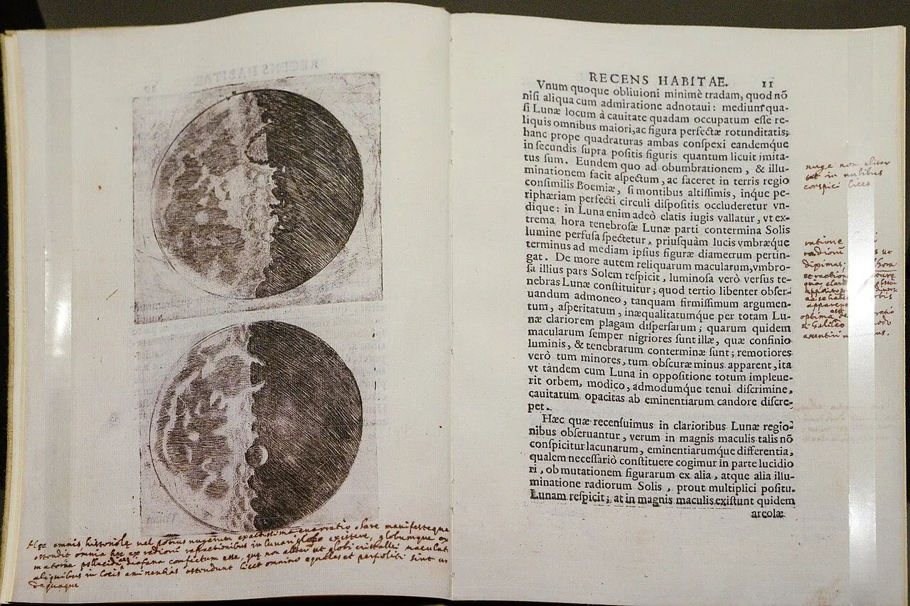 A facsimile of Galileo's Sidereus Nuncius showing his engravings of the Moon.