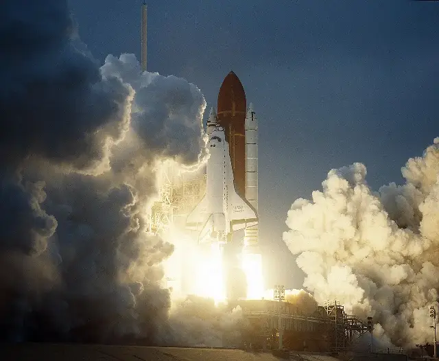The space shuttle Endeavour lifting off on its maiden flight, STS-49, on May 7, 1992.