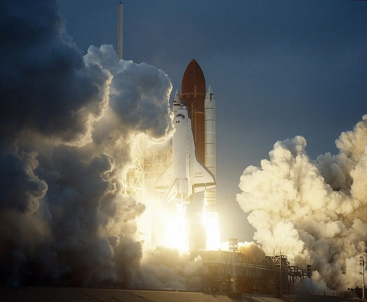 The space shuttle Endeavour lifting off on its maiden flight, STS-49, on May 7, 1992.