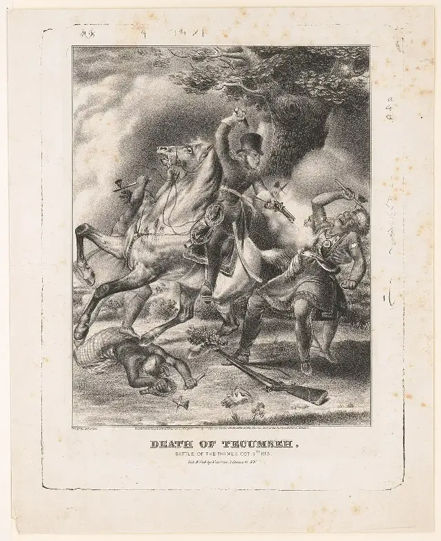 19th-century colored lithograph depicting the death of Tecumseh at the Battle of the Thames, October 5, 1813