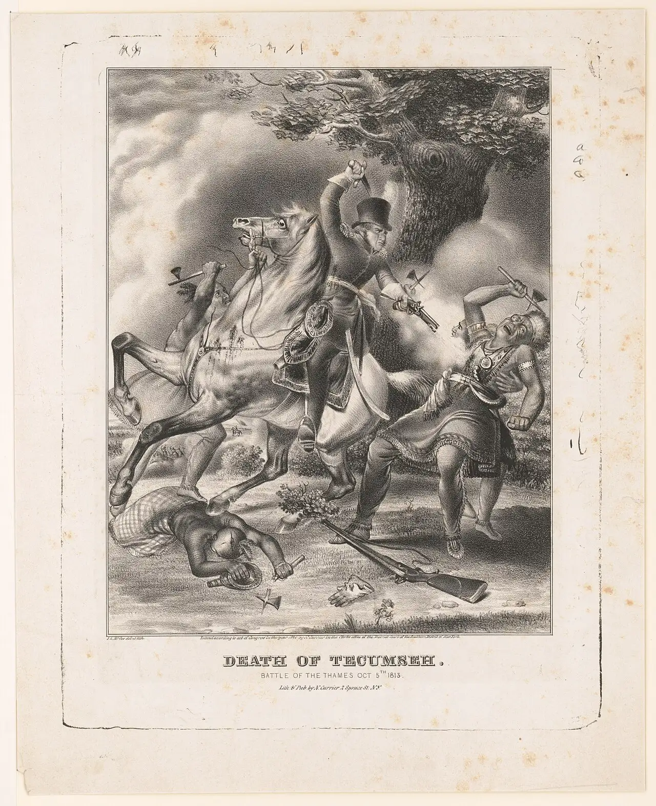 19th-century colored lithograph depicting the death of Tecumseh at the Battle of the Thames, October 5, 1813