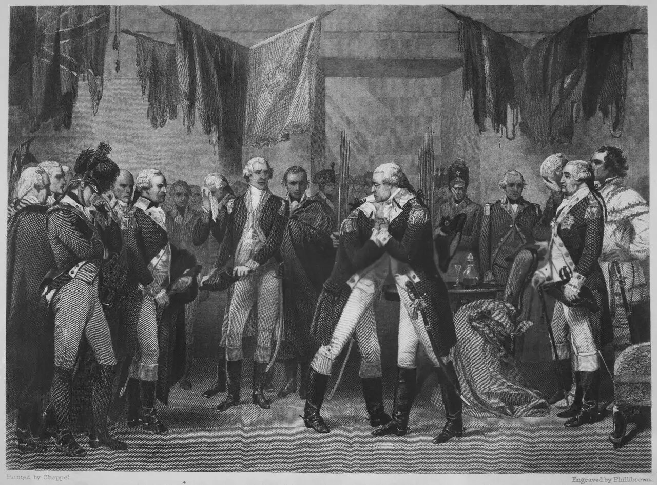 Engraving after Alonzo Chappel's painting showing George Washington embracing General Henry Knox as he bids farewell to his officers at Fraunces Tavern on December 4, 1783