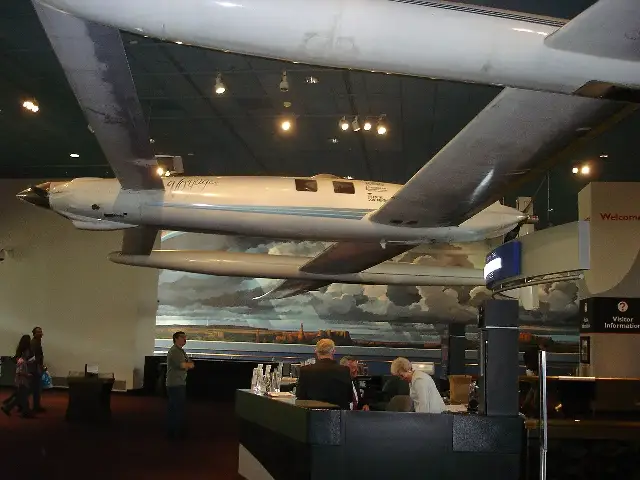 The Rutan Voyager aircraft hanging on display in a museum