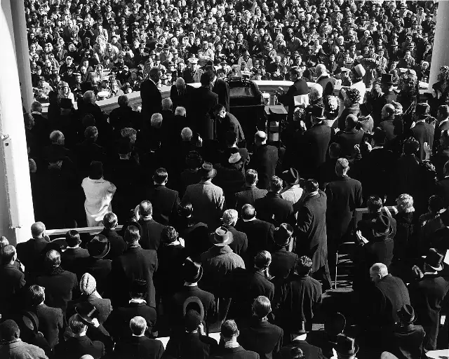 The inauguration of President John F. Kennedy on the east portico of the U.S. Capitol, January 20, 1961.