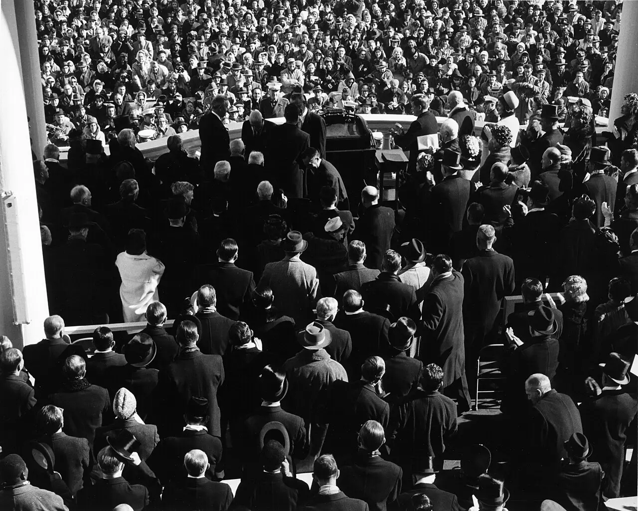The inauguration of President John F. Kennedy on the east portico of the U.S. Capitol, January 20, 1961.