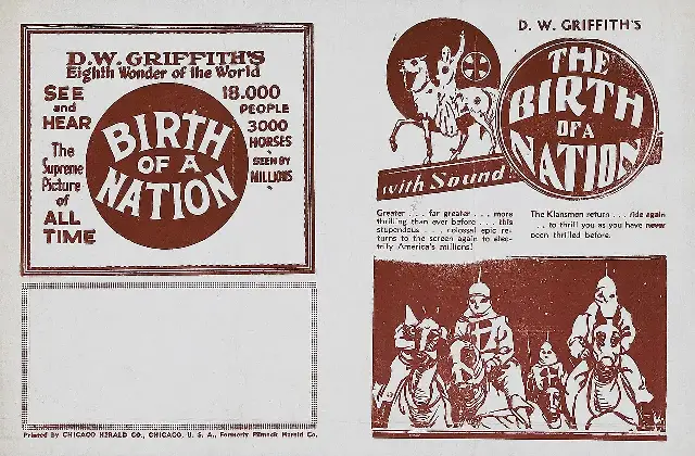 Period advertisement for D.W. Griffith's The Birth of a Nation, showing Klansmen on horseback