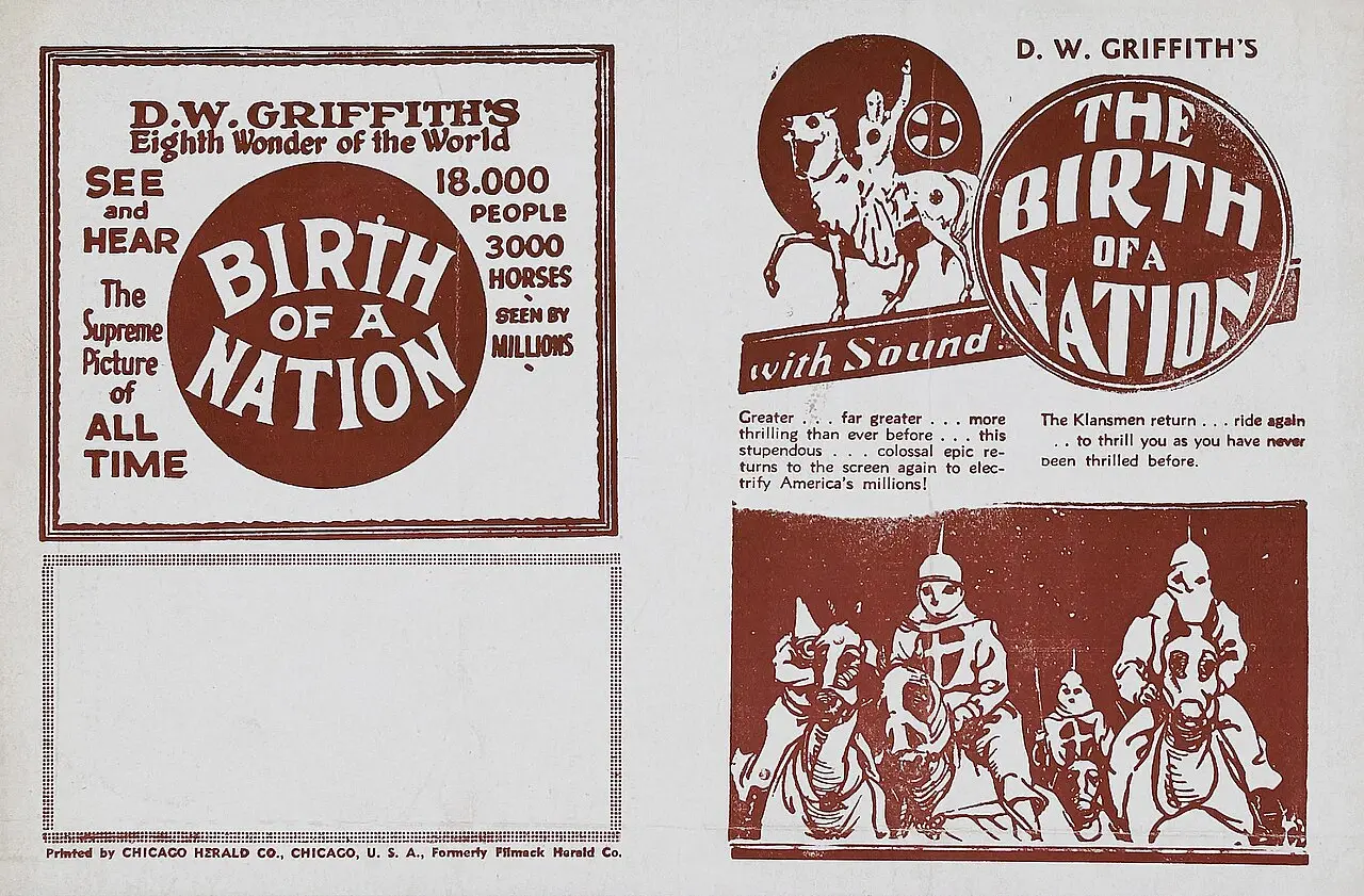 Period advertisement for D.W. Griffith's The Birth of a Nation, showing Klansmen on horseback