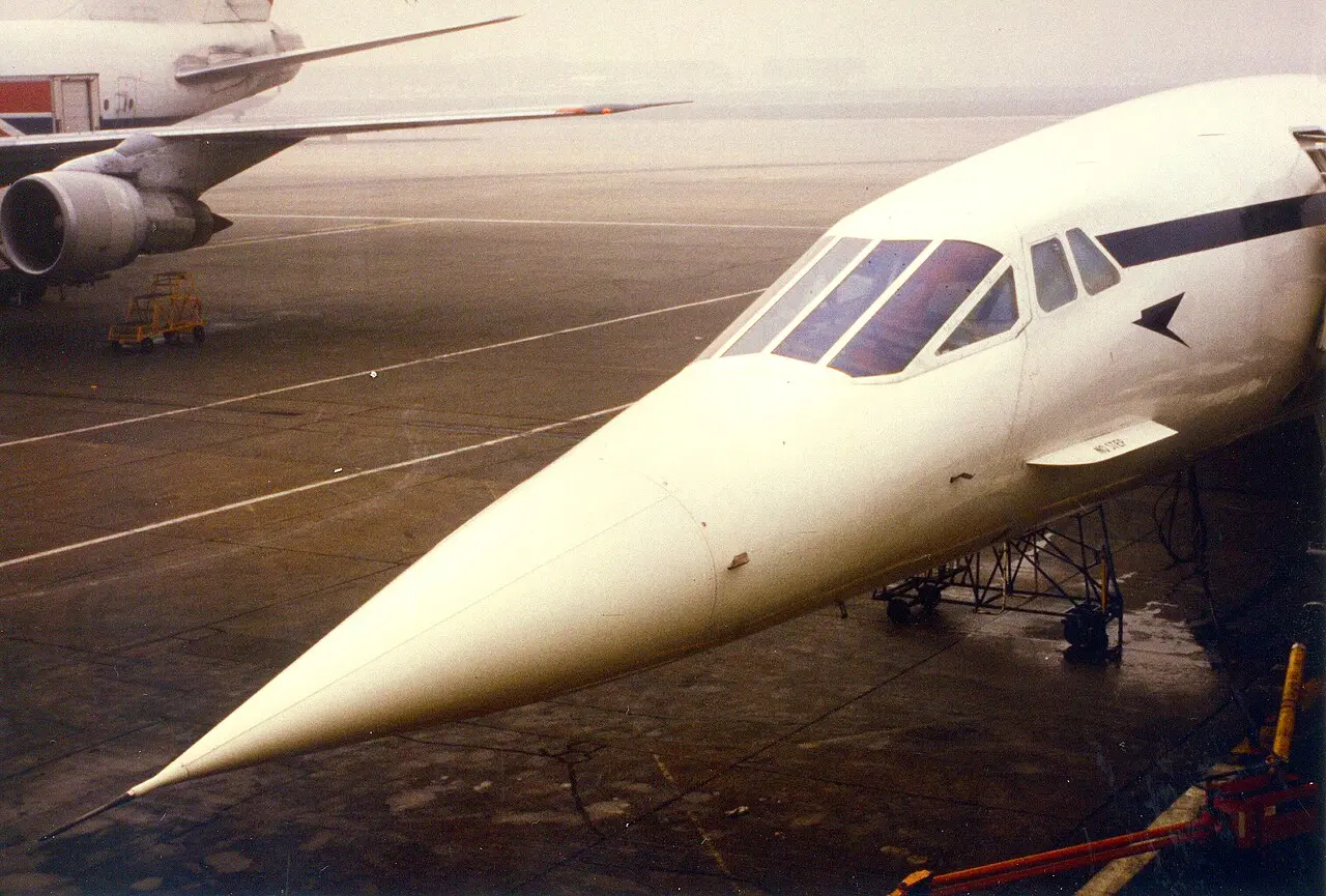 A British Airways Concorde on the tarmac at London Heathrow Airport in 1984.