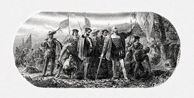 An engraving after John Vanderlyn's 1847 painting of Columbus's 1492 landing — illustrative of his voyages; no contemporary image of the 1498 Venezuela landing exists.