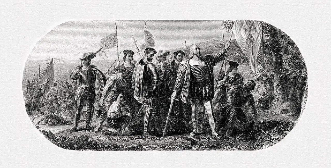 An engraving after John Vanderlyn's 1847 painting of Columbus's 1492 landing — illustrative of his voyages; no contemporary image of the 1498 Venezuela landing exists.