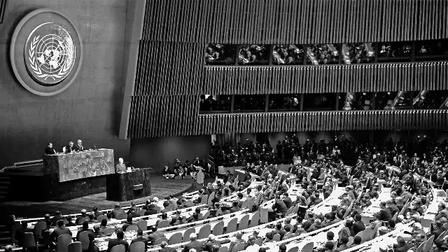 President Eisenhower addressing the United Nations General Assembly for his Atoms for Peace speech, December 8, 1953