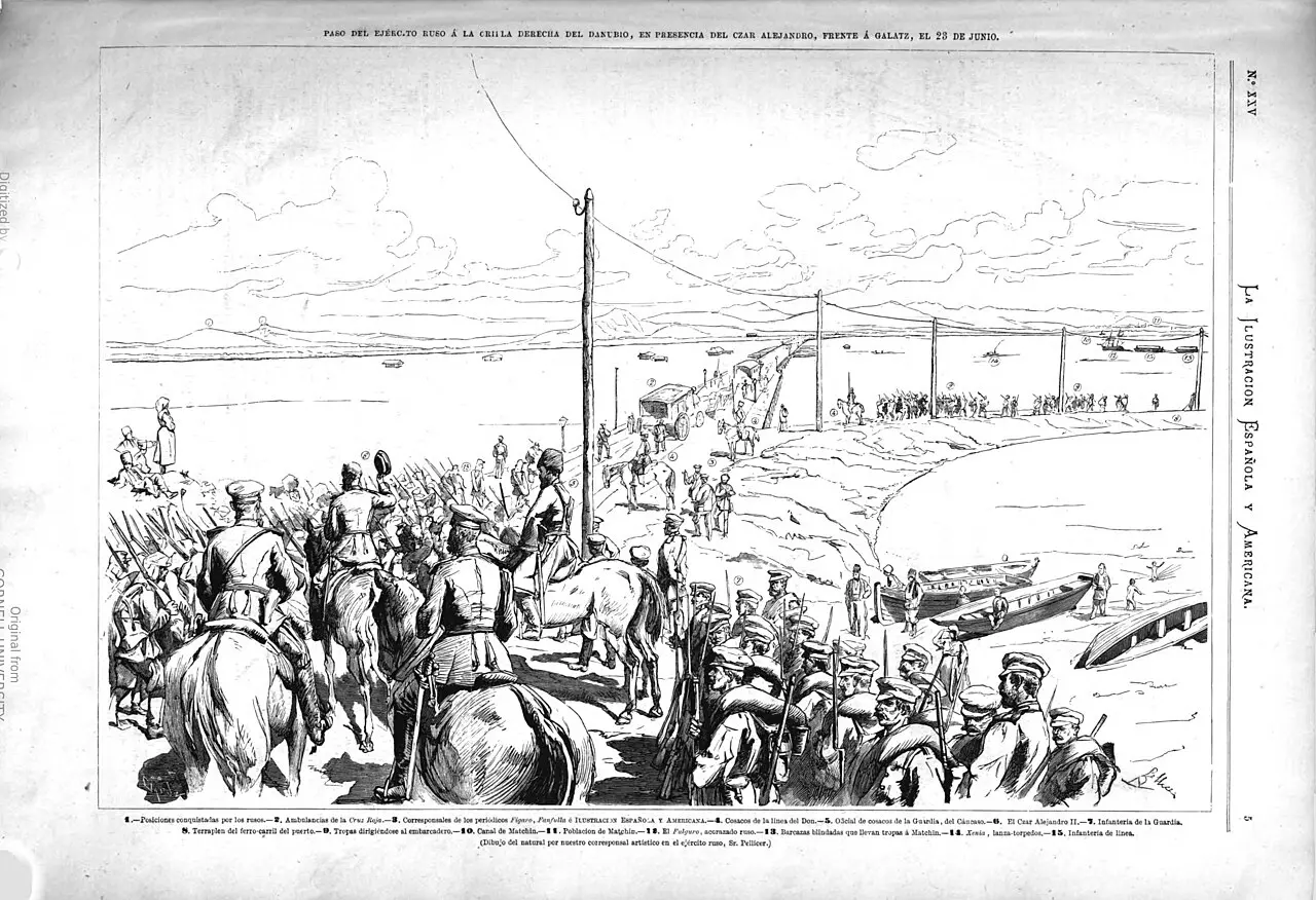 A contemporary 1877 engraving of Russian troops crossing the Danube in boats while Tsar Alexander II looks on, in the opening campaign of the Russo-Turkish War.