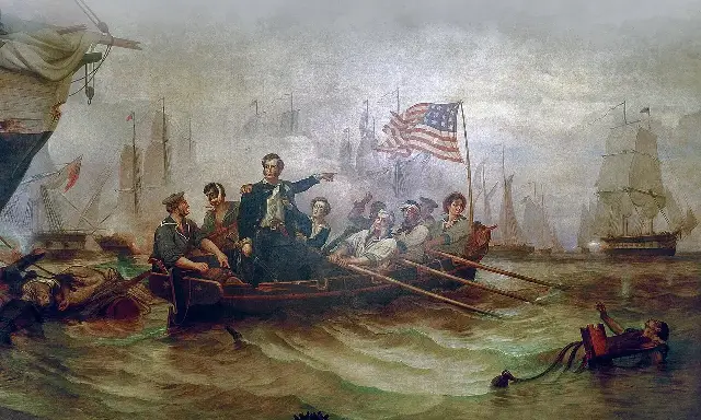 William Henry Powell's 1873 painting of the Battle of Lake Erie, showing Oliver Hazard Perry standing in a rowboat as he transfers his flag from the shattered Lawrence to the brig Niagara, with the naval battle raging behind him.