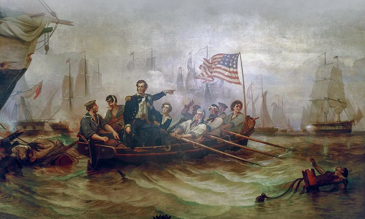 William Henry Powell's 1873 painting of the Battle of Lake Erie, showing Oliver Hazard Perry standing in a rowboat as he transfers his flag from the shattered Lawrence to the brig Niagara, with the naval battle raging behind him.