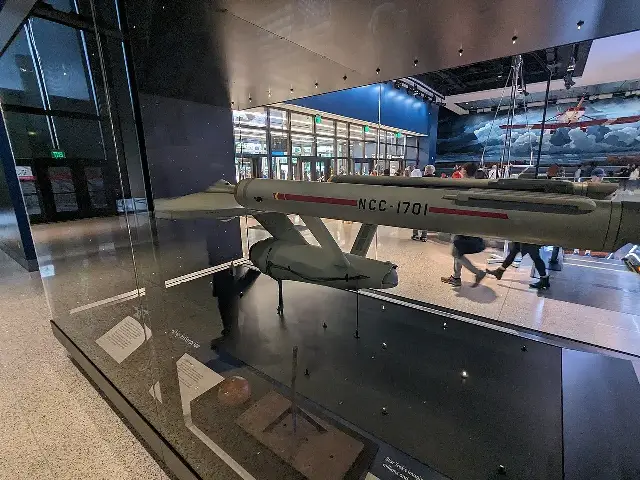 The original studio filming model of the starship USS Enterprise (NCC-1701) from Star Trek: The Original Series, on display at the Smithsonian's National Air and Space Museum.
