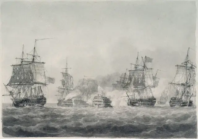 Nicholas Pocock's watercolor of the Battle of Camperdown, showing British and Dutch ships of the line exchanging cannon fire amid thick smoke off the Dutch coast.