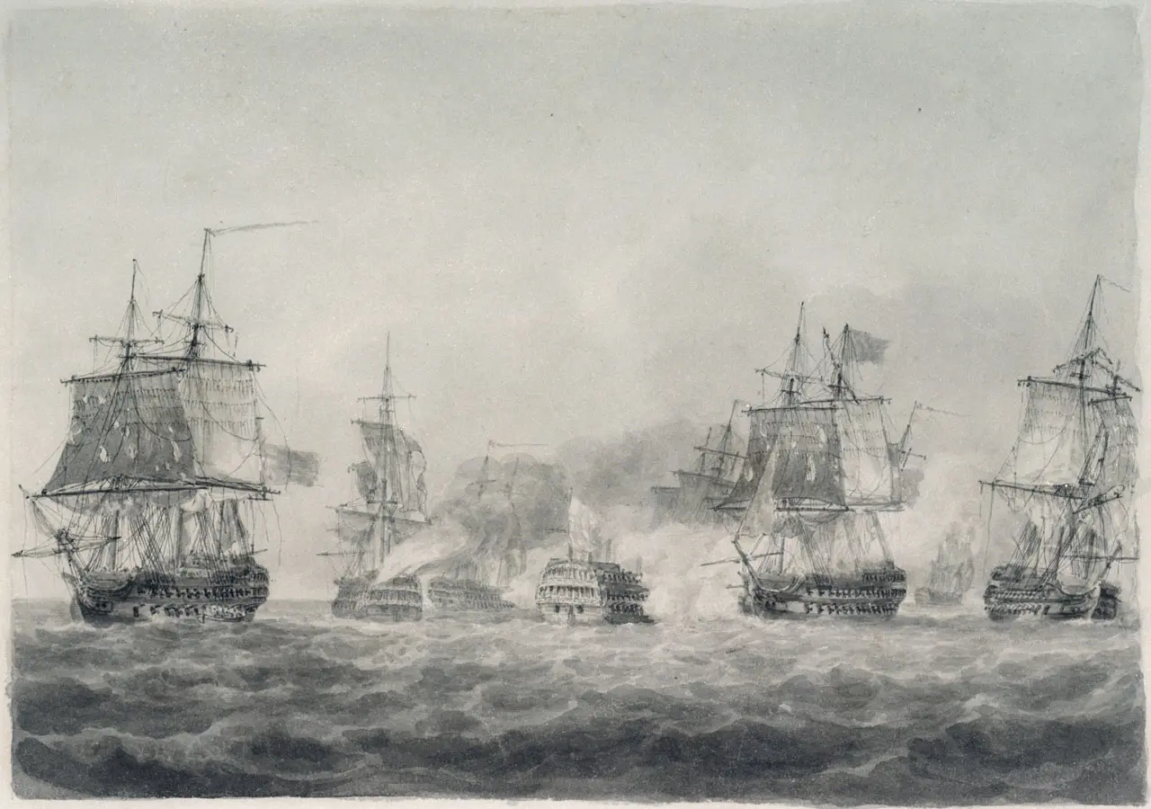 Nicholas Pocock's watercolor of the Battle of Camperdown, showing British and Dutch ships of the line exchanging cannon fire amid thick smoke off the Dutch coast.