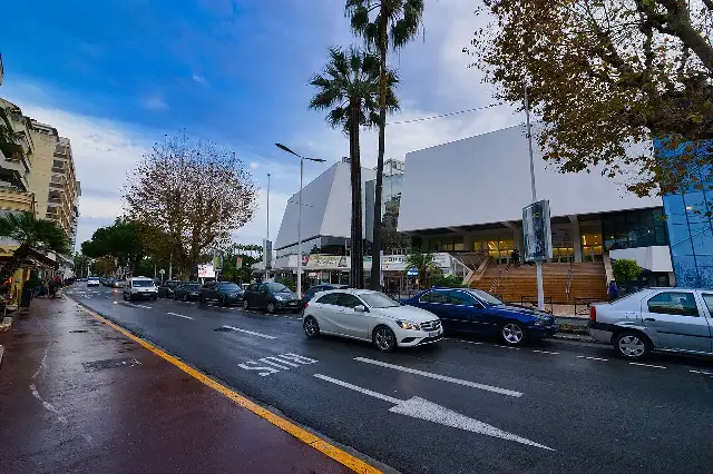 The white Palais des Festivals, home of the Cannes Film Festival, on the Croisette in Cannes, France