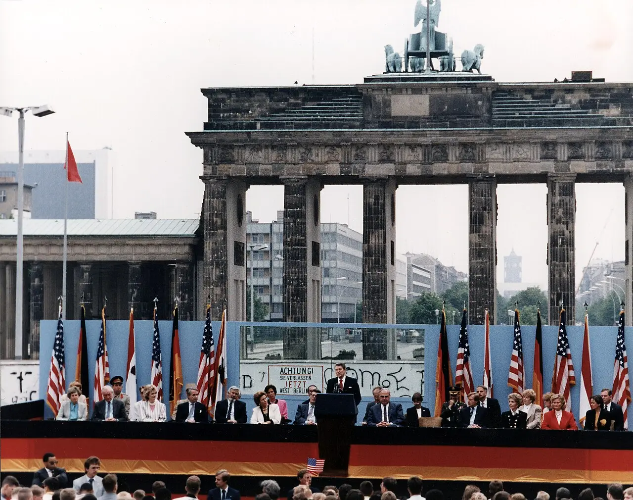 President Ronald Reagan speaking at the Berlin Wall before the Brandenburg Gate on June 12, 1987.