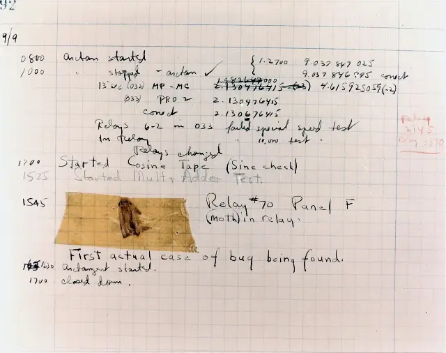 The Harvard Mark II logbook page with the moth taped in, dated September 9, 1947.