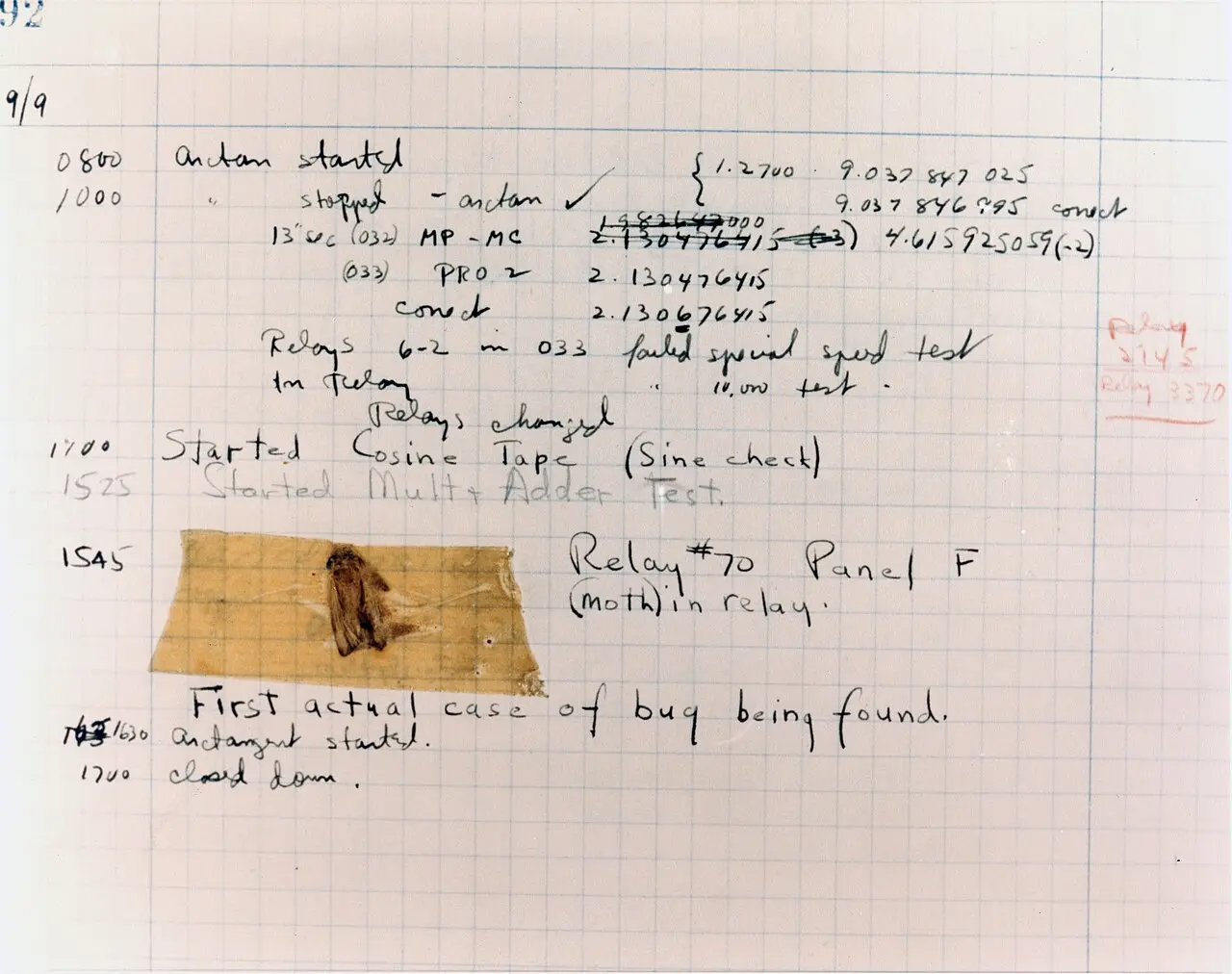 The Harvard Mark II logbook page with the moth taped in, dated September 9, 1947.
