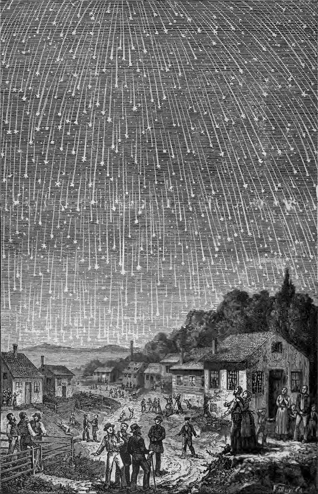 Illustrative: an 1889 engraving by Adolf Vollmy, after a painting by Karl Jauslin, depicting the great meteor storm of November 12-13, 1833.