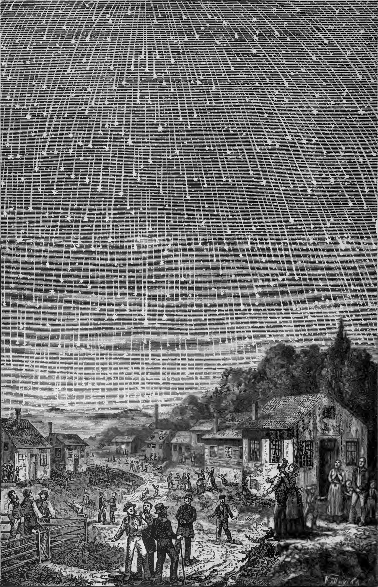 Illustrative: an 1889 engraving by Adolf Vollmy, after a painting by Karl Jauslin, depicting the great meteor storm of November 12-13, 1833.