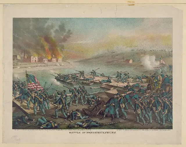 Kurz & Allison lithograph showing the Union Army of the Potomac crossing the Rappahannock River on the morning of December 13, 1862, at Fredericksburg.