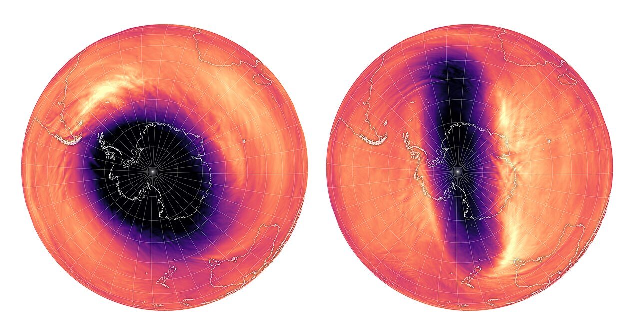 NASA visualization of the Antarctic ozone hole, the dark center showing severe ozone depletion