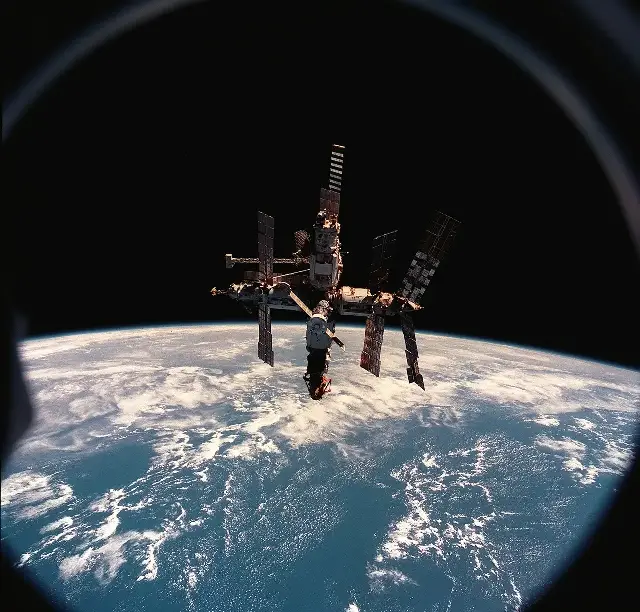 The Mir space station in Earth orbit photographed from a space shuttle