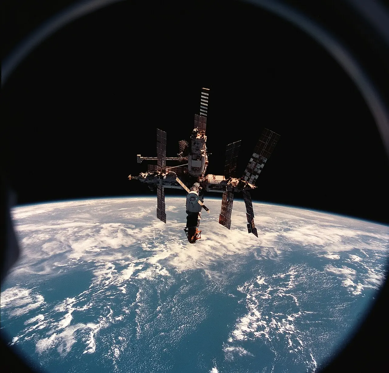 The Mir space station in Earth orbit photographed from a space shuttle