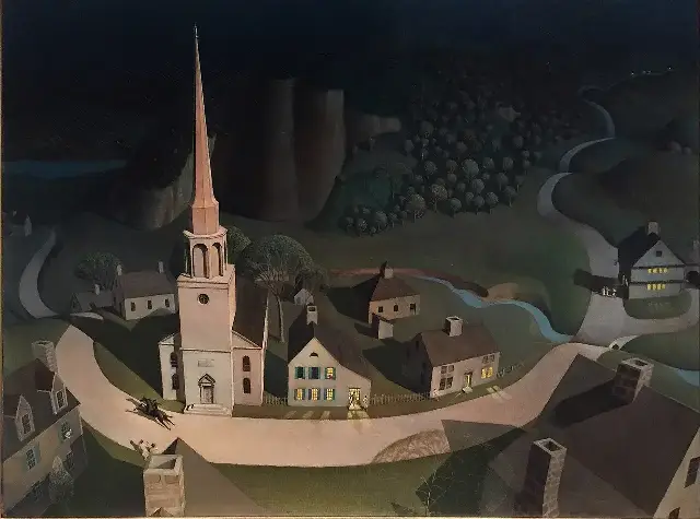 Grant Wood's 1931 painting 'The Midnight Ride of Paul Revere' — a later artistic depiction of the April 18, 1775 ride, illustrative.