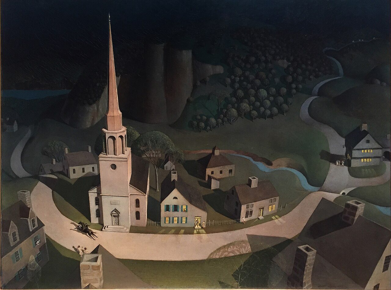 Grant Wood's 1931 painting 'The Midnight Ride of Paul Revere' — a later artistic depiction of the April 18, 1775 ride, illustrative.