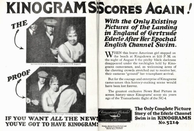 August 1926 Kinograms newsreel advertisement showing Gertrude Ederle's landing at Kingsdown, England, on the night of August 6, 1926, after her record Channel swim.
