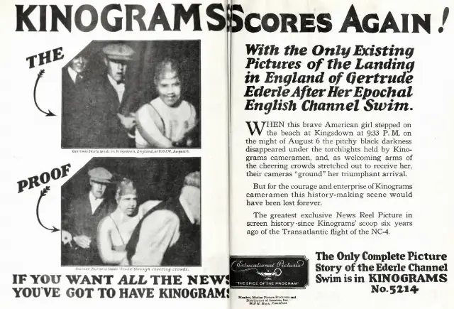 August 1926 Kinograms newsreel advertisement showing Gertrude Ederle's landing at Kingsdown, England, on the night of August 6, 1926, after her record Channel swim.
