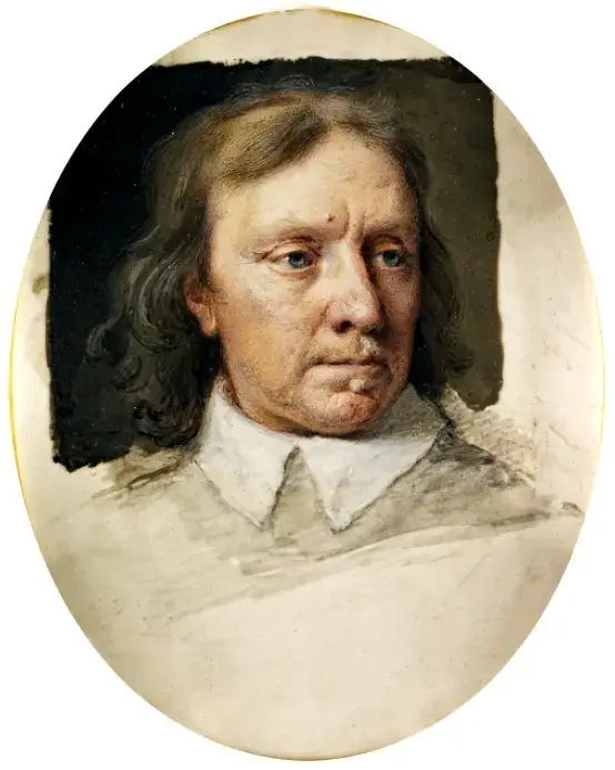 Oval miniature portrait of Oliver Cromwell by Samuel Cooper, painted around 1653.