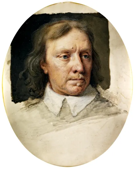 Oval miniature portrait of Oliver Cromwell by Samuel Cooper, painted around 1653.