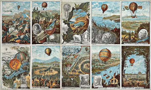 A sheet of ten 19th-century color prints depicting milestones in early ballooning, including the Montgolfier brothers' 1783 demonstration at Annonay.