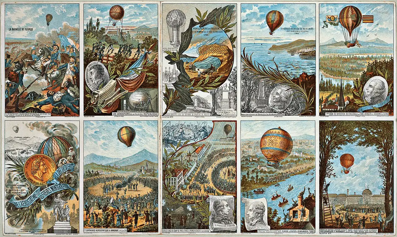 A sheet of ten 19th-century color prints depicting milestones in early ballooning, including the Montgolfier brothers' 1783 demonstration at Annonay.