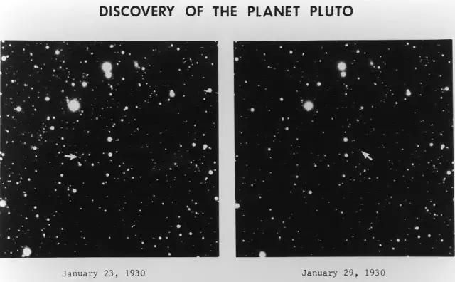 The two January 1930 photographic plates in which Clyde Tombaugh discovered Pluto, with arrows marking the moving point of light
