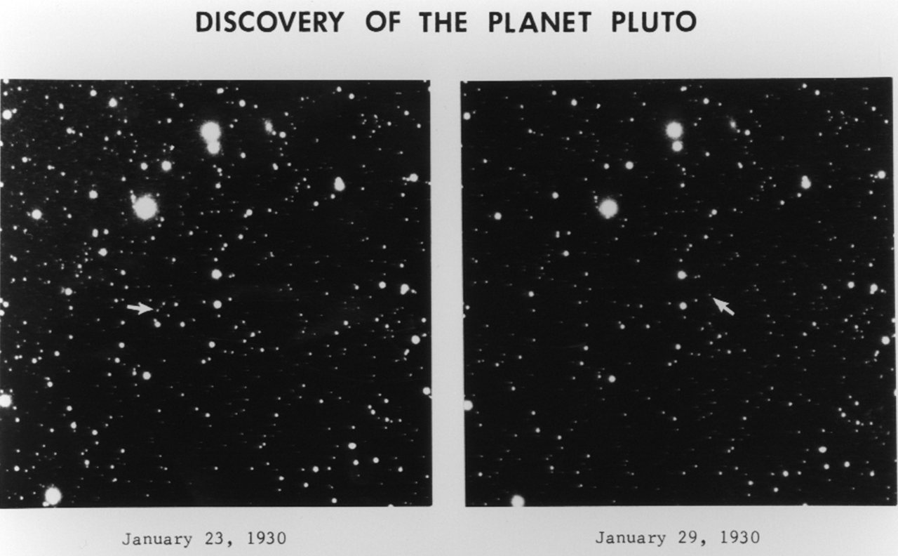 The two January 1930 photographic plates in which Clyde Tombaugh discovered Pluto, with arrows marking the moving point of light