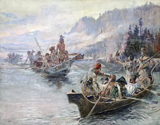 Charles M. Russell's 1905 painting of the Lewis and Clark expedition traveling by canoe and meeting Indigenous canoeists on the Columbia River.