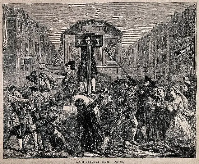 A 19th-century wood engraving showing Daniel Defoe standing in the pillory while soldiers hold back a crowd — the image itself depicts the famous legend that onlookers threw flowers rather than stones.