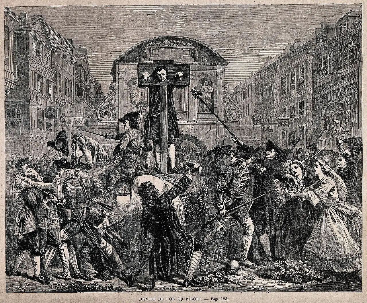 A 19th-century wood engraving showing Daniel Defoe standing in the pillory while soldiers hold back a crowd — the image itself depicts the famous legend that onlookers threw flowers rather than stones.