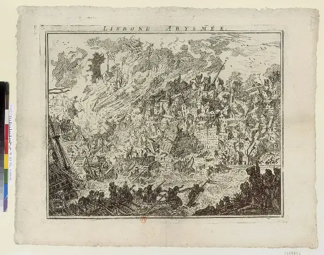 A 1755 engraving titled 'Lisbone Abysmée' showing Lisbon's buildings toppling as boats crowd the harbor — a contemporary artist's reconstruction of the earthquake's destruction.