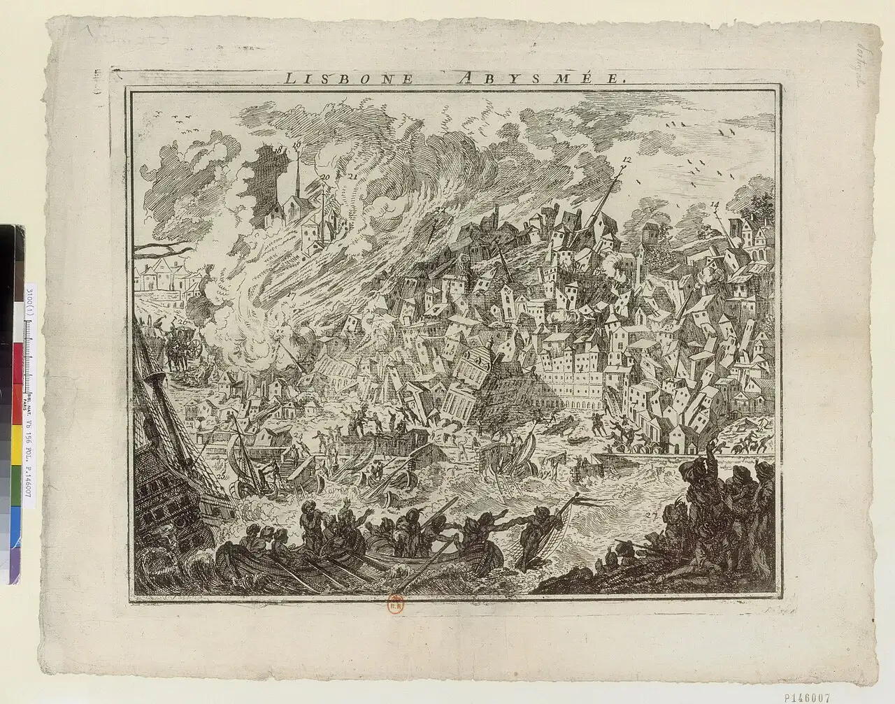 A 1755 engraving titled 'Lisbone Abysmée' showing Lisbon's buildings toppling as boats crowd the harbor — a contemporary artist's reconstruction of the earthquake's destruction.